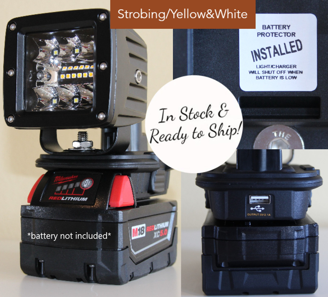 12 Watt Strobing flashlight w/ Battery Protector& USBcharger for a Milwaukee M18