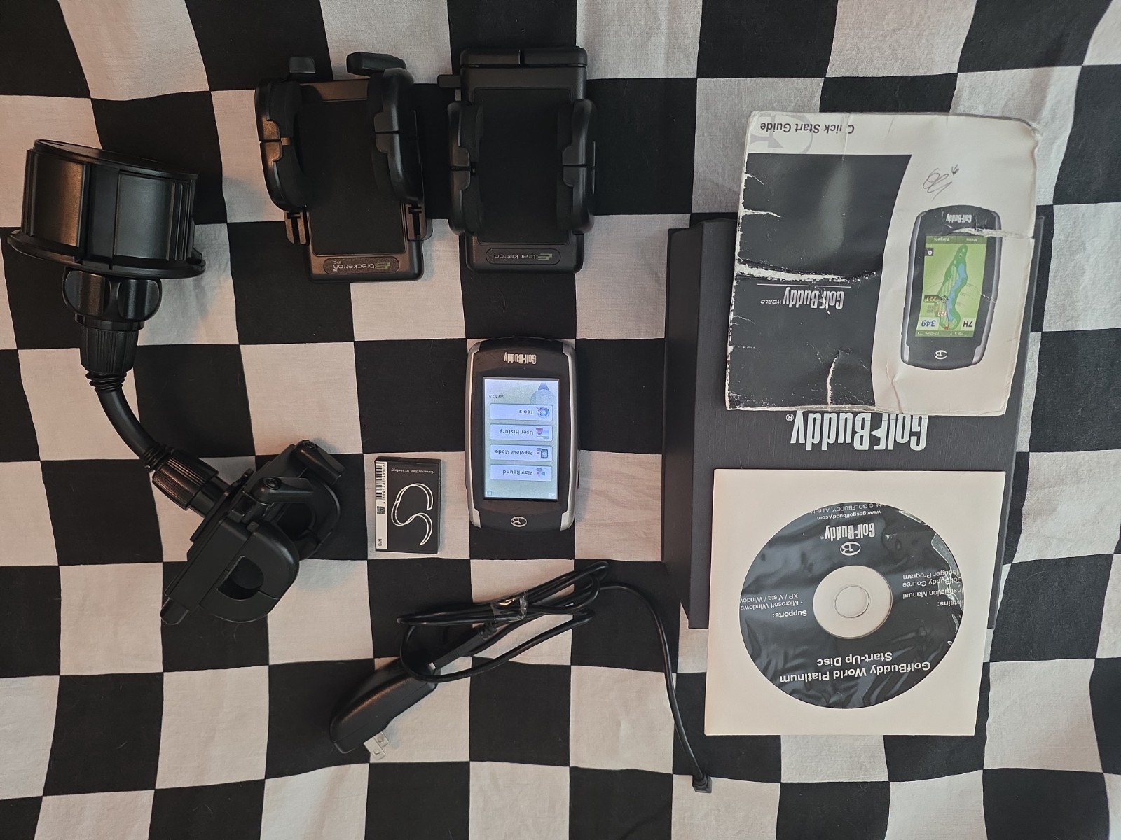 GolfBuddy World Platinum GPS Rangefinder w Box, CD, Cup Holder Mount, extra BATT