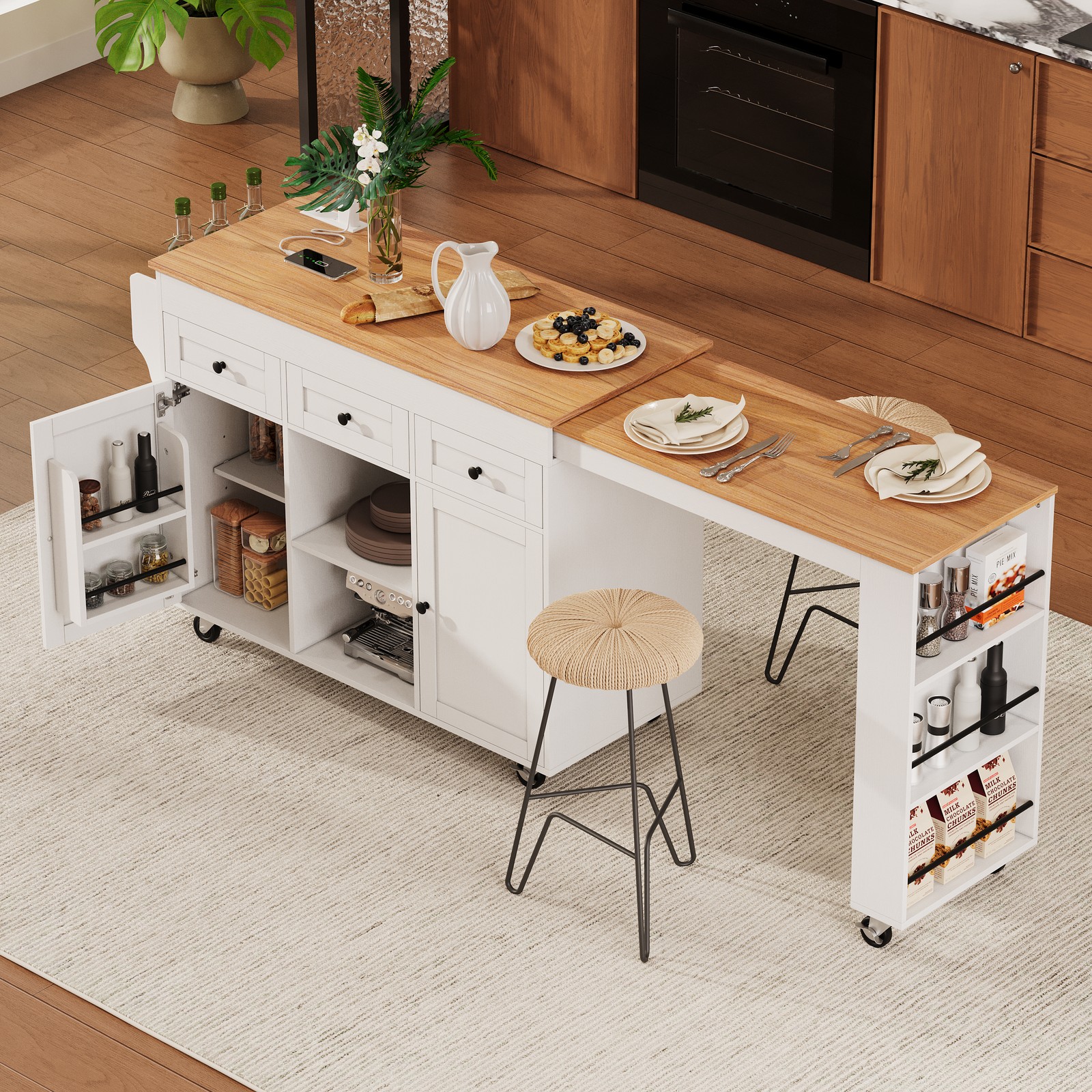 White Kitchen Island with Extendable Dining Table, 3 Drawers, 2 Doors, 85.5"