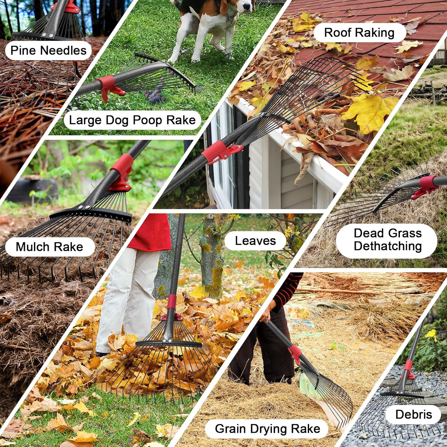Collapsible Rake for Leaves - 70" Adjustable Long Handle Yard Rake, Expandable M