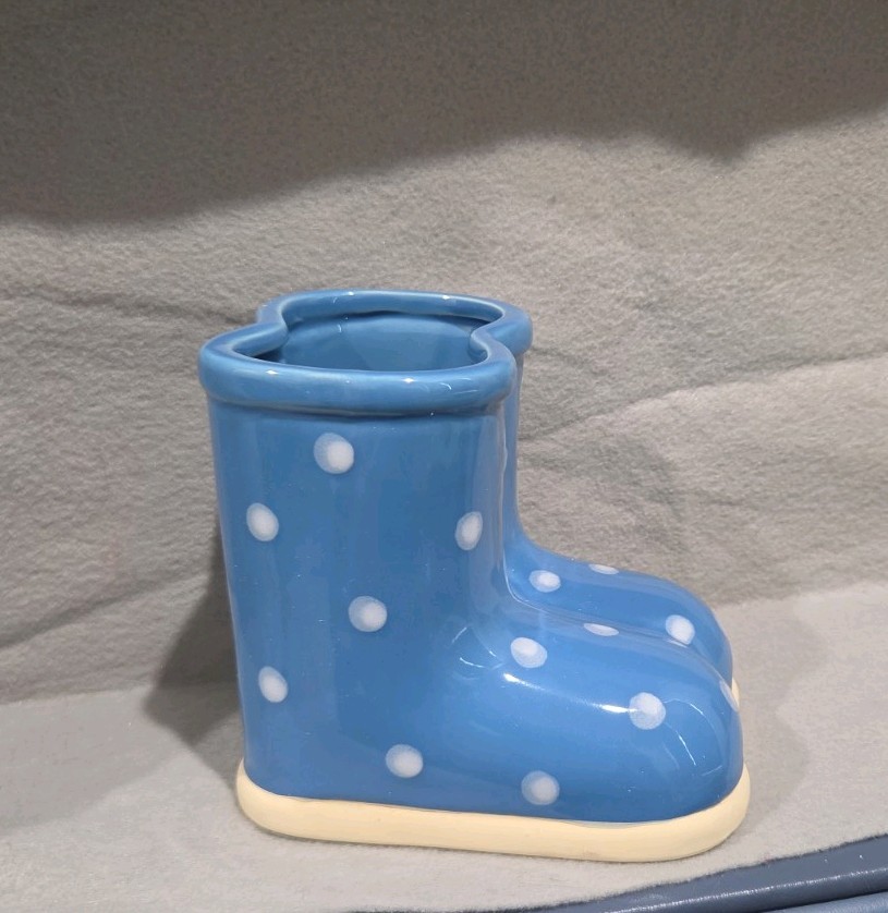 Blue Polka Dot Boots, Ceramic Planter, Flower Pot, New