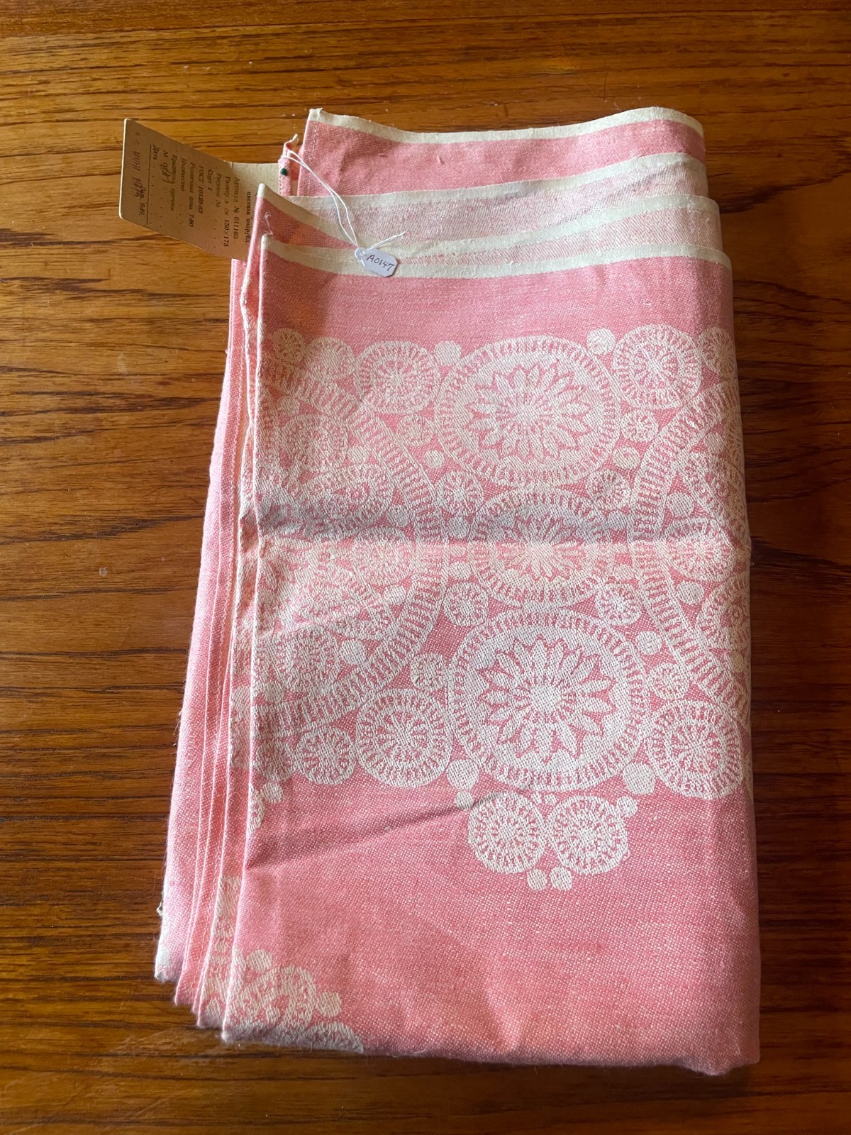 Vintage Russian Damask Linen Tablecloth, Graded 1st, Pink/cream A0147