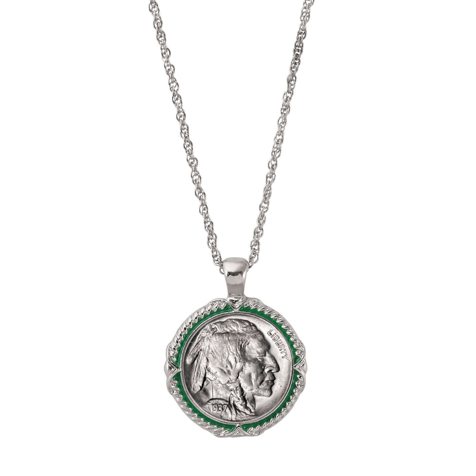 NEW Buffalo Nickel Green Enamel Coin Pendant Necklace 13385