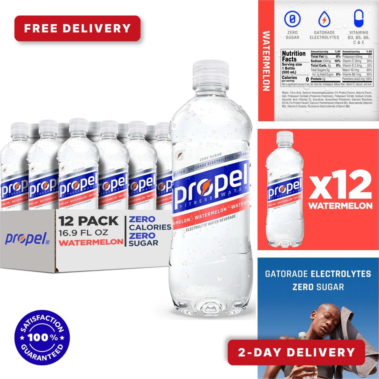 Propel Electrolyte Watermelon Water 16.9 fl oz 12 Pack Zero Sugar