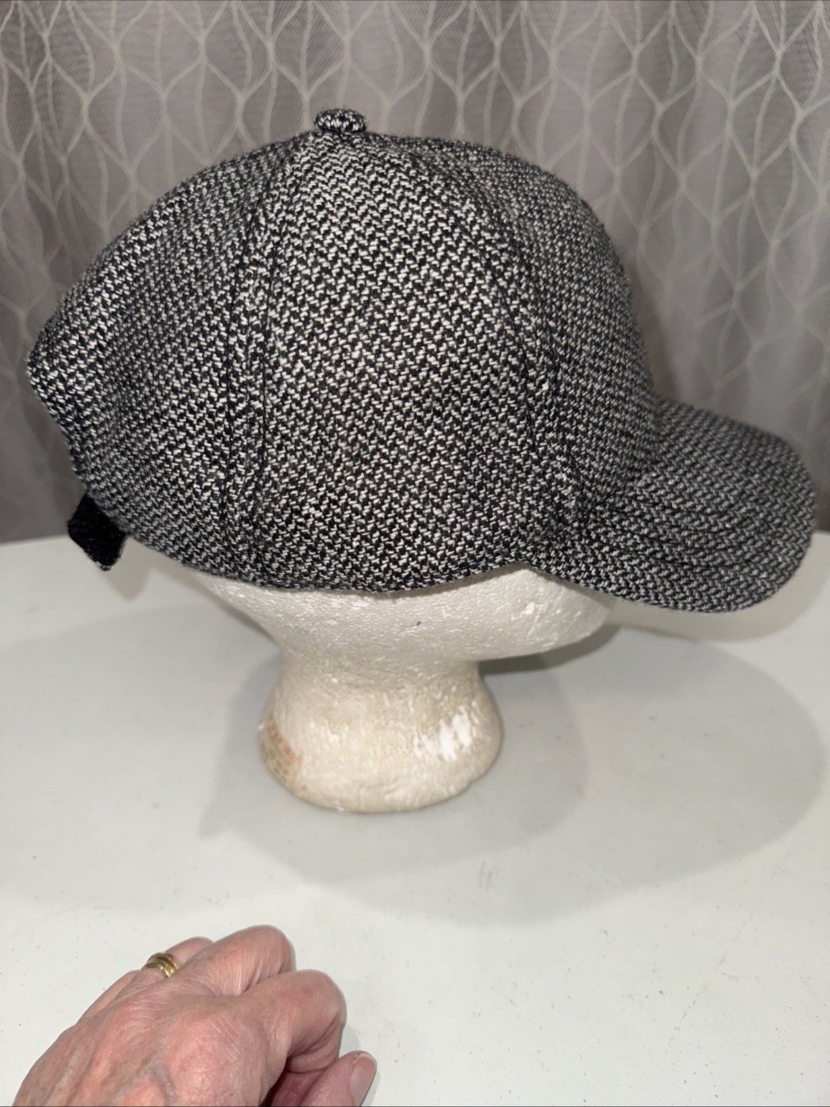 Tweed Black White Look Fabric on 6 panel Hat Cap Hook Loop EUC