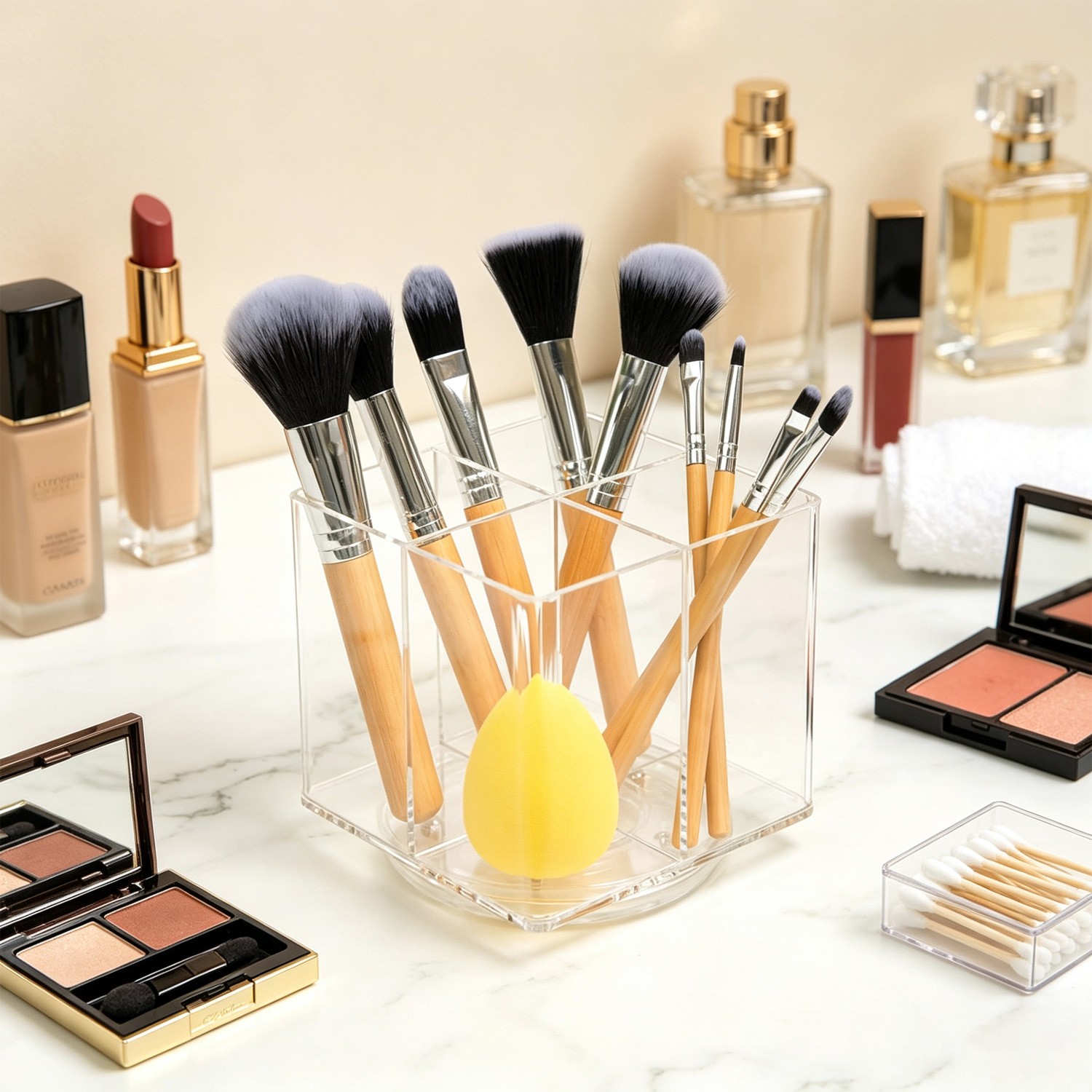 360° Rotating Clear Acrylic 4-Compartment Organizer for Cosmetics & Brushes