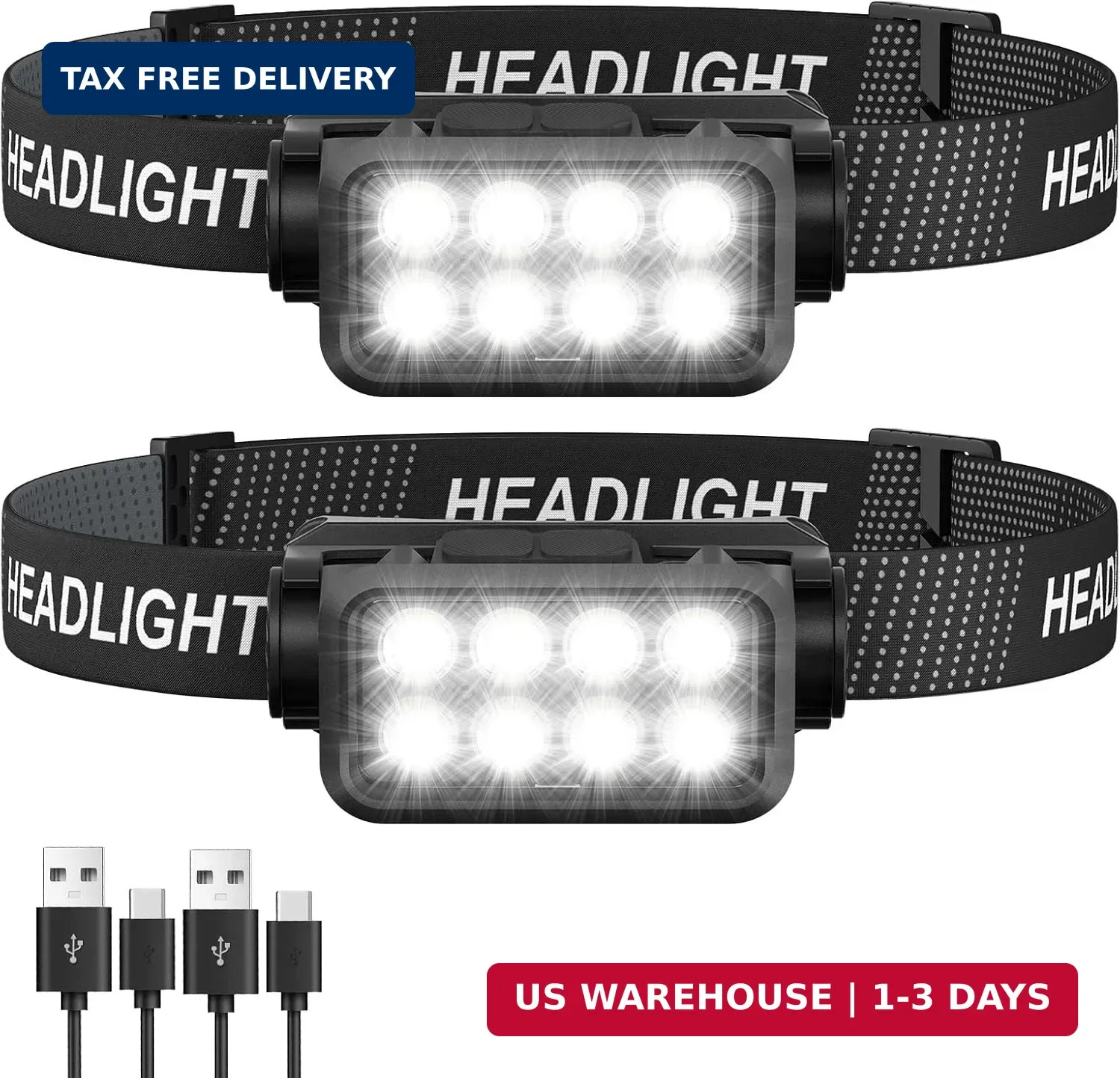 Rechargeable Headlamp Flashlight 2-Pack, 8 LED 2500 Lumen Ultra-Light Bright Hea