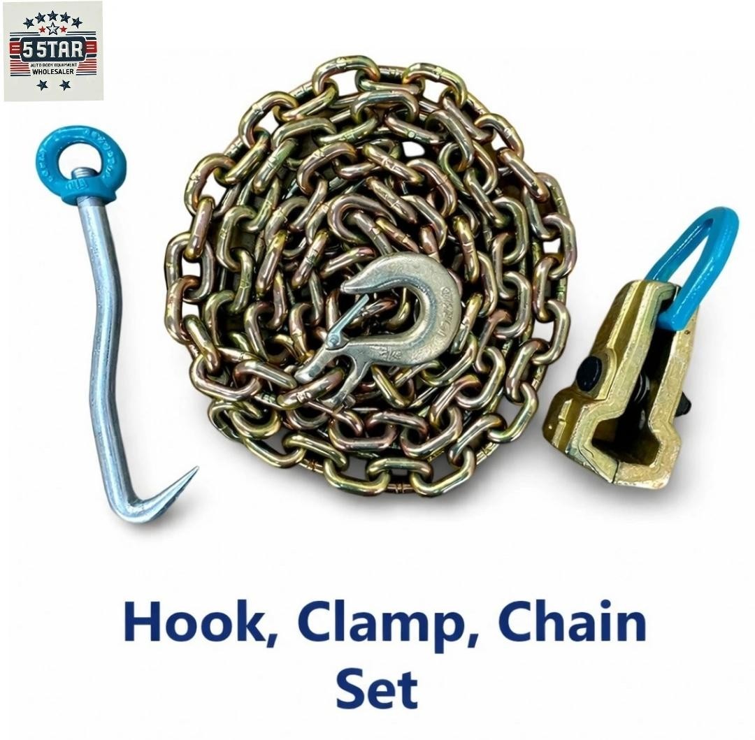 NEW Chain, Clamp, Hook Set Clamp Auto Body Frame Machine Repair Pulling Clamp