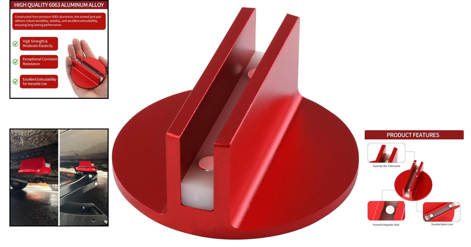 Large Slotted Universal Magnetic Jack Pad Weld Frame Rail Adapter Red