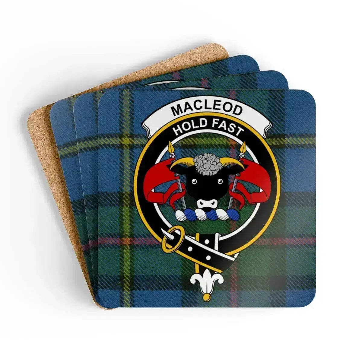 MacLeod Clan Crest Tartan Coaster Set – Set of 4 Natural Cork