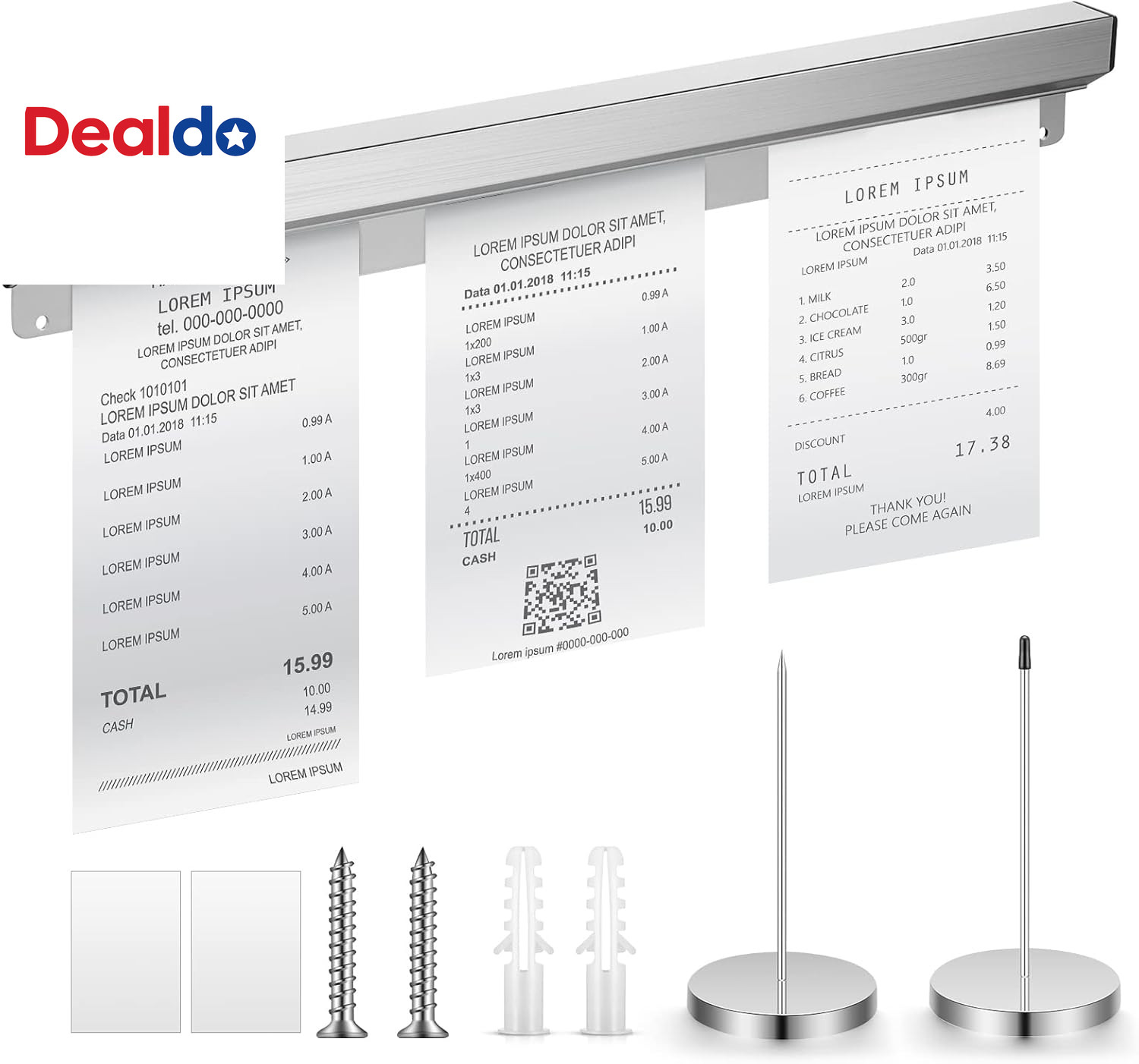 16 Inch Aluminum Slide Check Rack with 2 Pcs Receipt Holder Spike Desk Receipt S