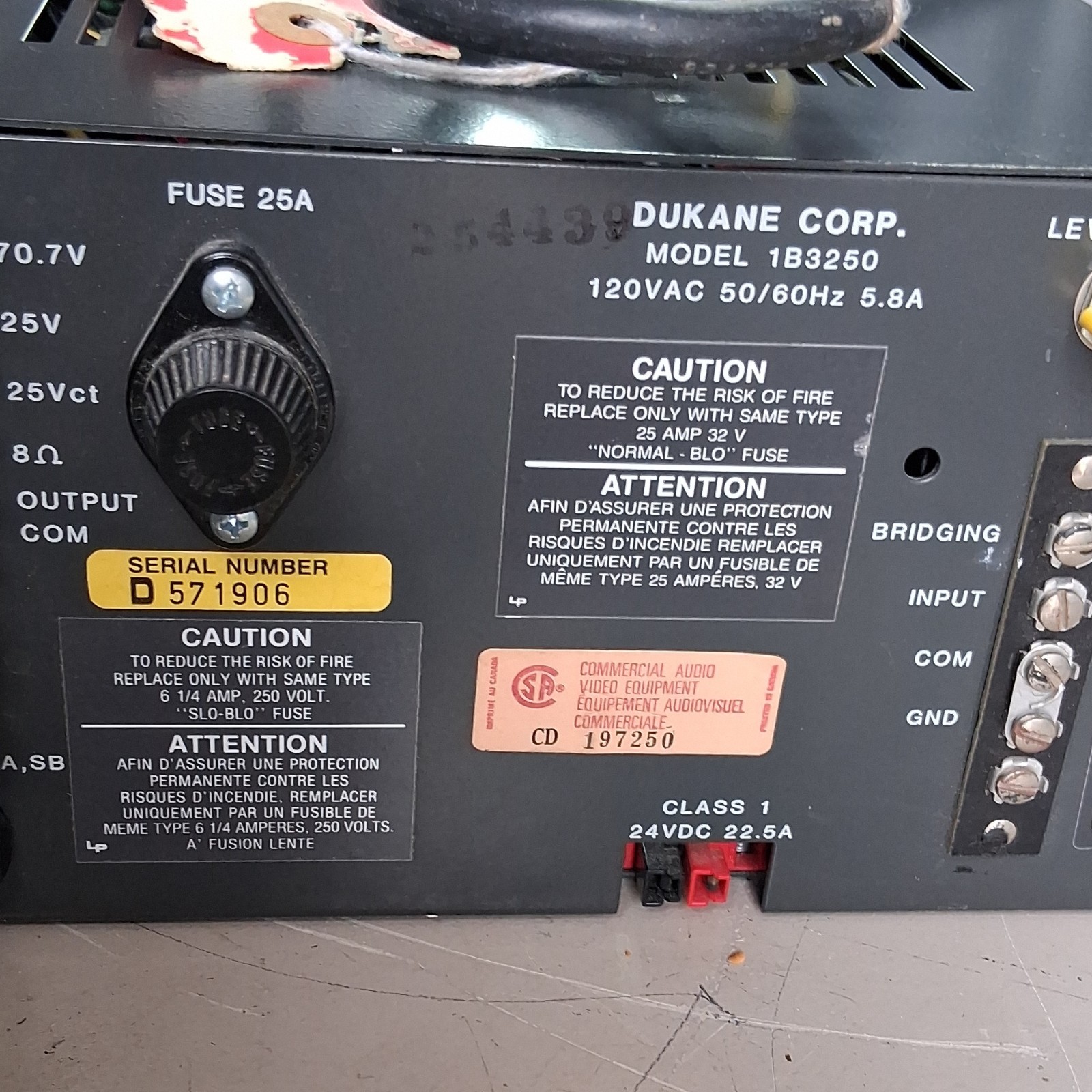 Dukane 1B3250 Power Amplifier 2-Channel Thermal Overload 120VAC 5.8A Black.