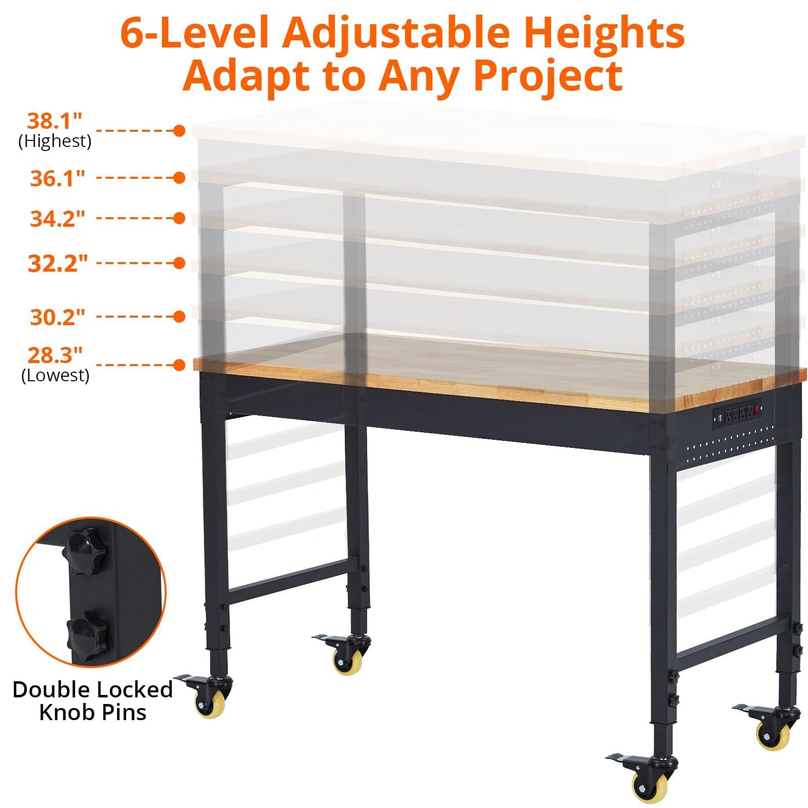 48"Adjustable Workbench Heavy Duty Work Bench ,Garage Worktable w/Power Outlet
