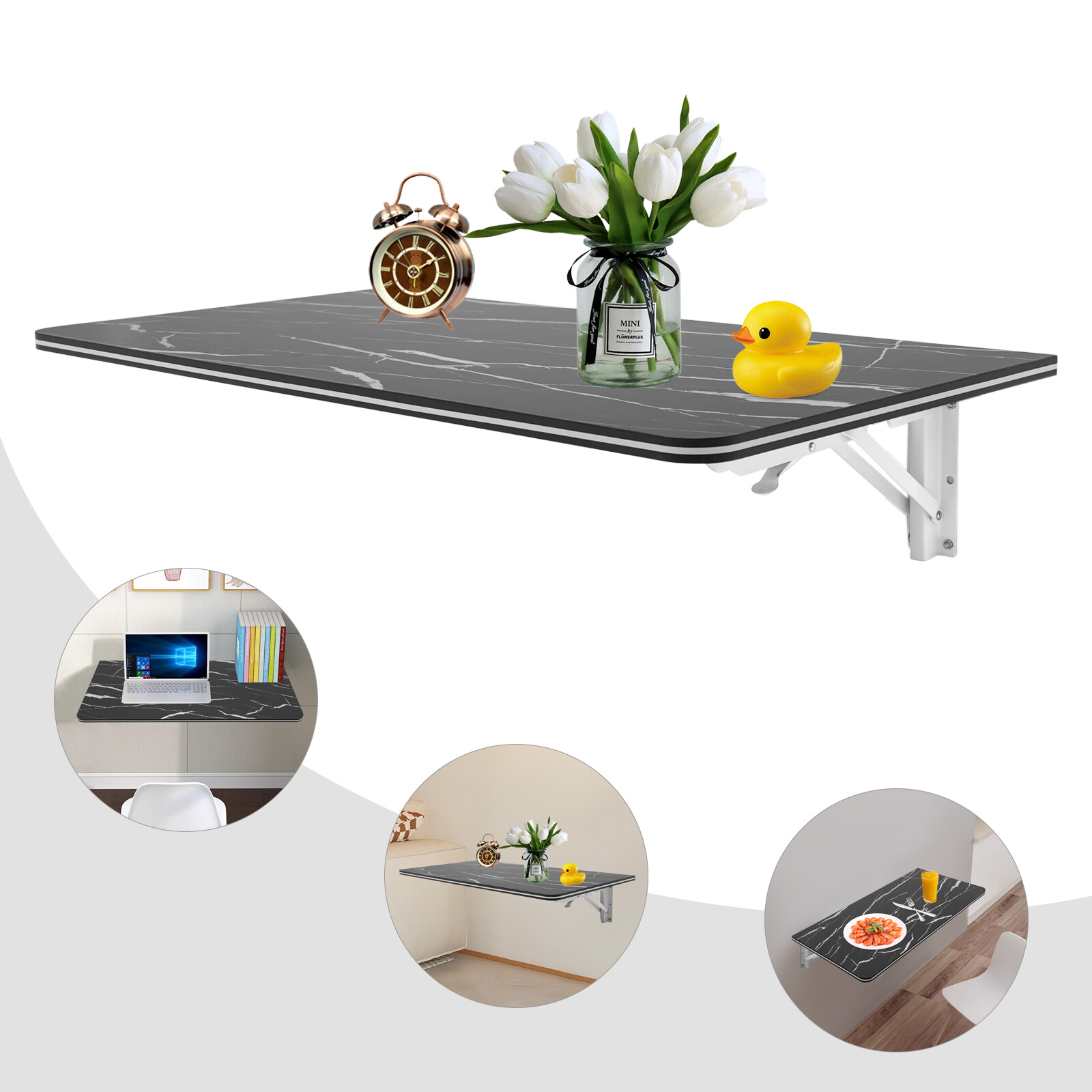 Folding Wall Desk Black Marble 80 × 40 cm Wall-Mounted Foldable Table