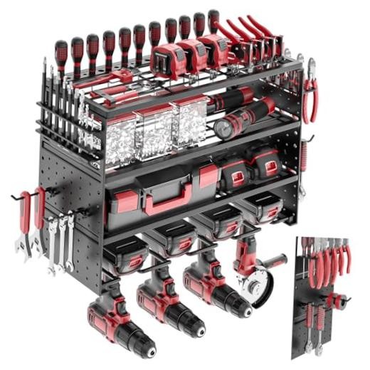 Power Tool Organizer Wall Mount - 4 Layer Metal Power 4 Drills Holder Black
