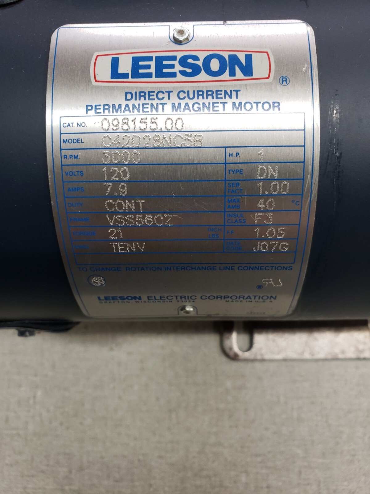 Leeson DC Motor, 1 HP, 3000 RPM, 0-120 VDC, TENV, 56CZ, Shaft Diameter- 5/8"