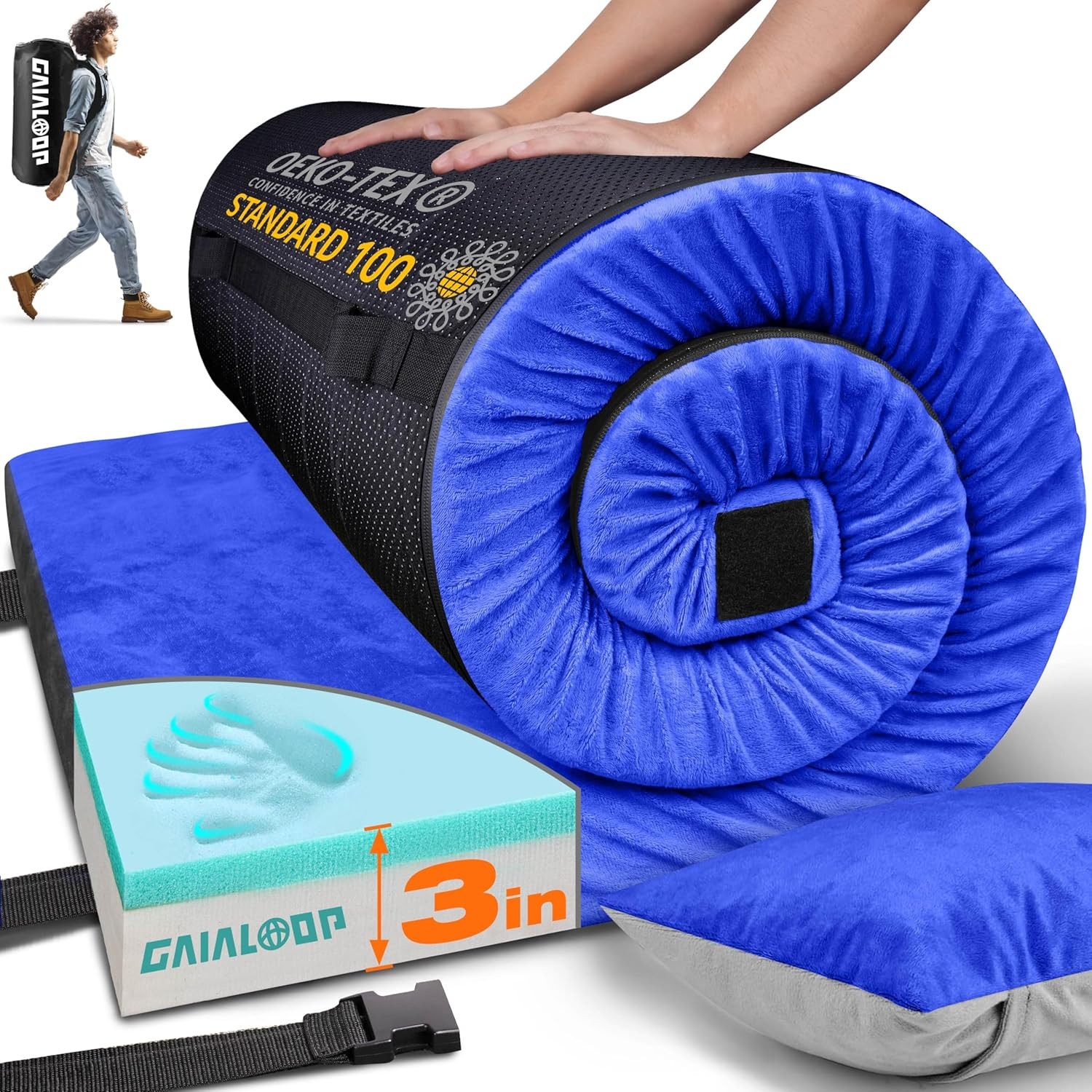 3 Inch Memory Foam Camping Mattress, Dual Layer Thick Sleeping Camp Pad for Car