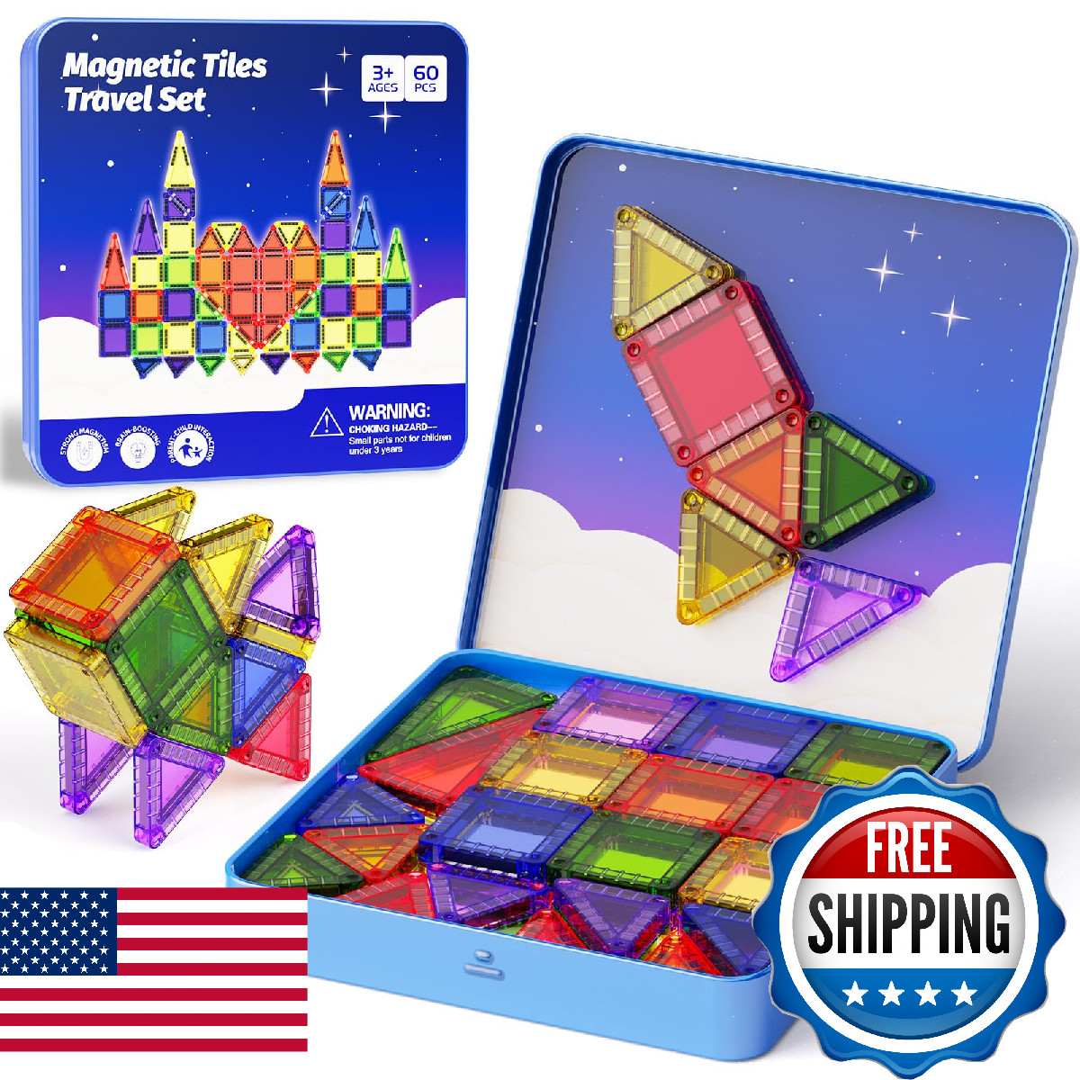 Mini Magnetic Tiles Travel Kit for Kids Ages 3-8, 60pcs Portable Magnetic Buildi