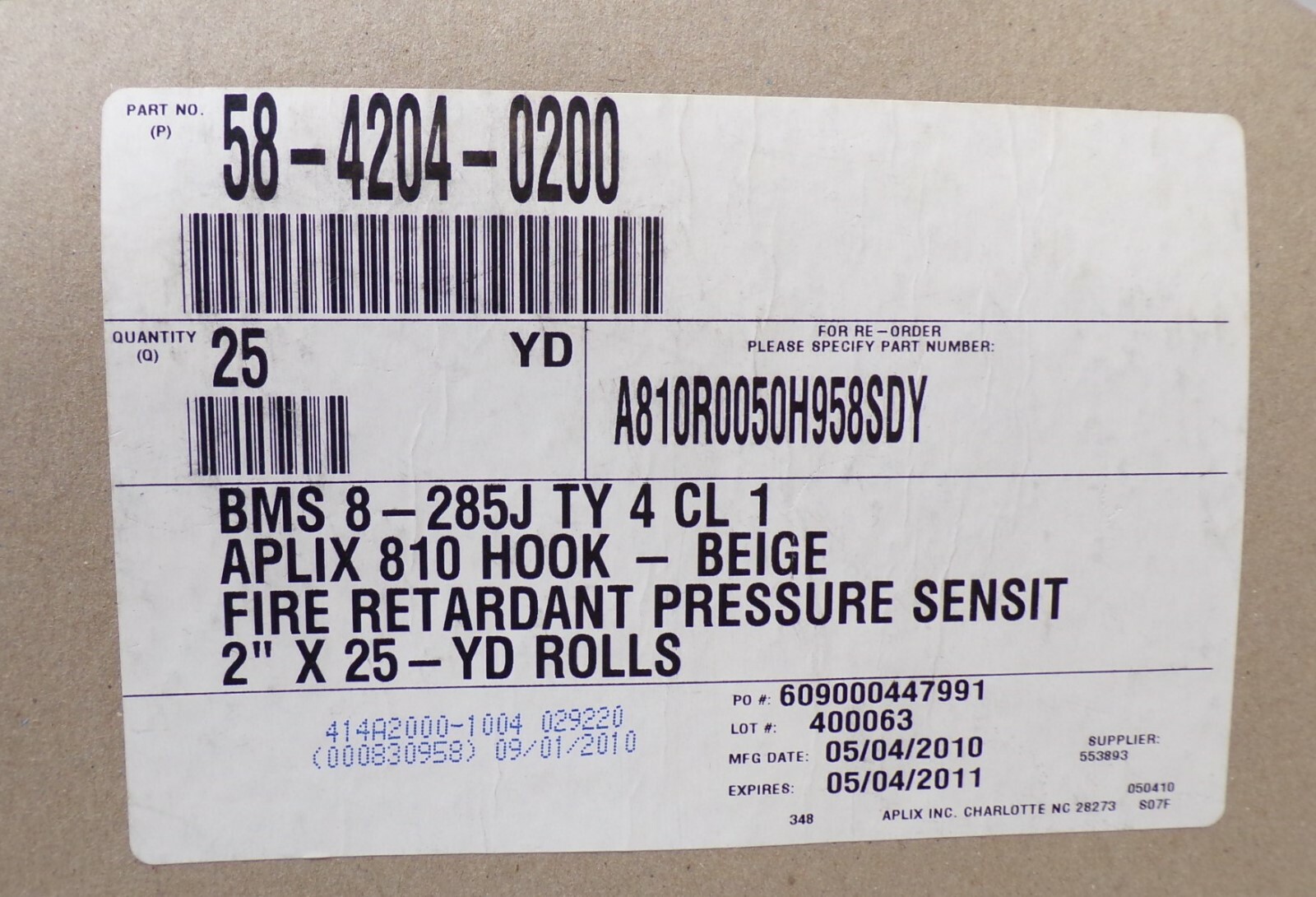 APLIX 810 HOOK AND LOOP , SELF ADHESIVE , 58-4204-0200 , 2" x 25 YARDS
