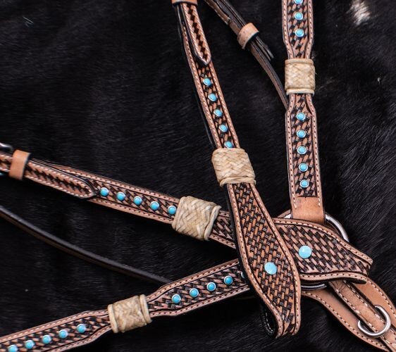 Rawhide Braided with Turquoise Studs Headstall & Breast Collar & Reins NEW