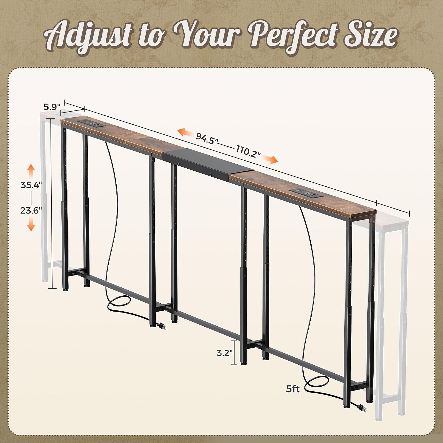 Narrow Console Table with Power Outlets & USB-C, Rustic Brown | 23.6"-35.4" Adju