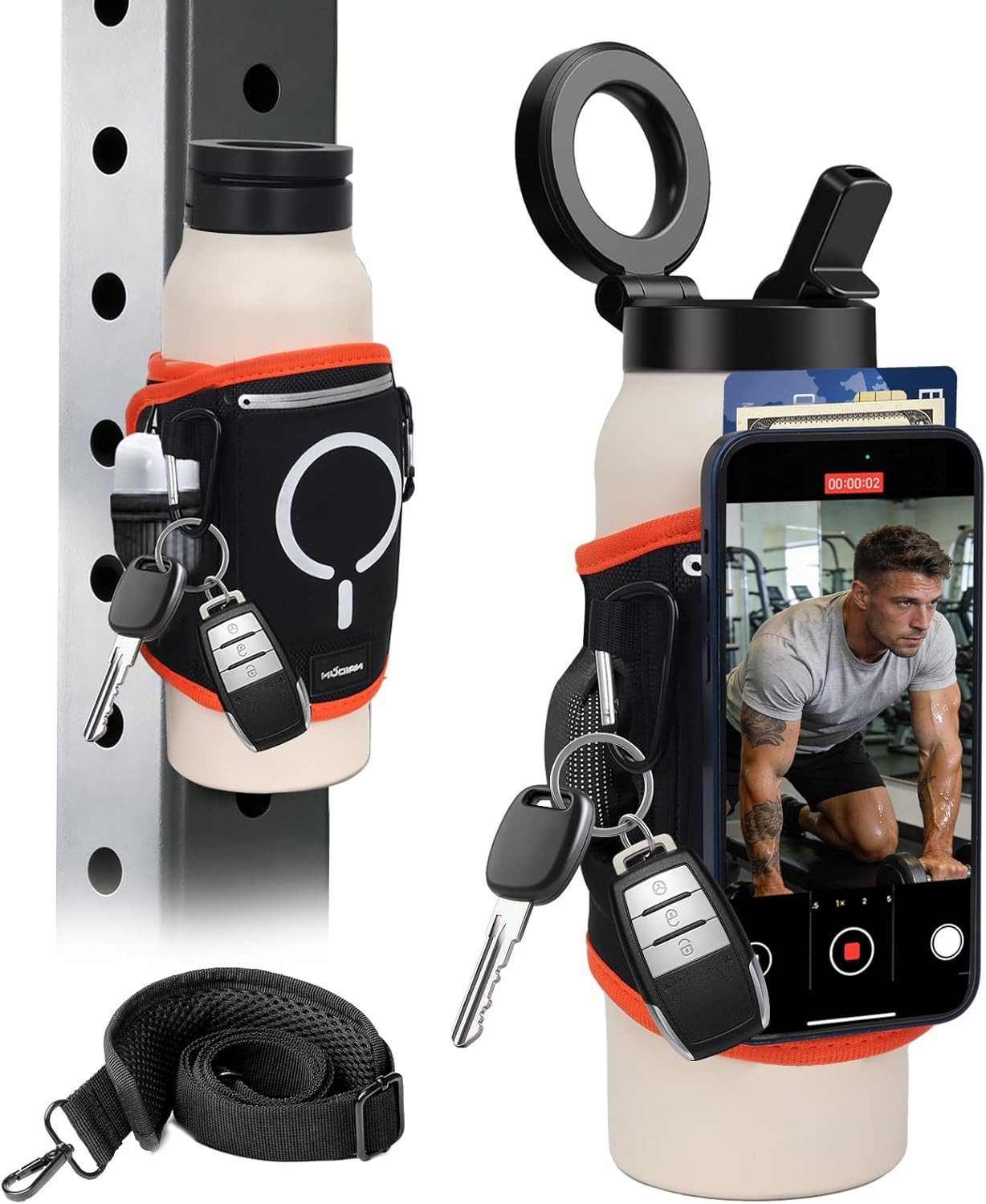 Magnetic Gym Water Bottle Bag & Holder with Magnetic Phone Pocket, Keys & Blueto