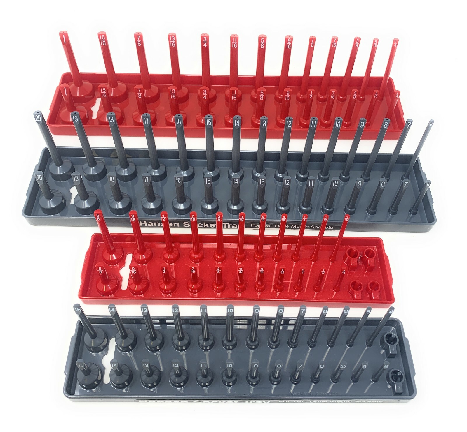 New Hansen USA 1/4" & 3/8" Dr. SAE & Metric Socket Storage Trays - 4 piece Set