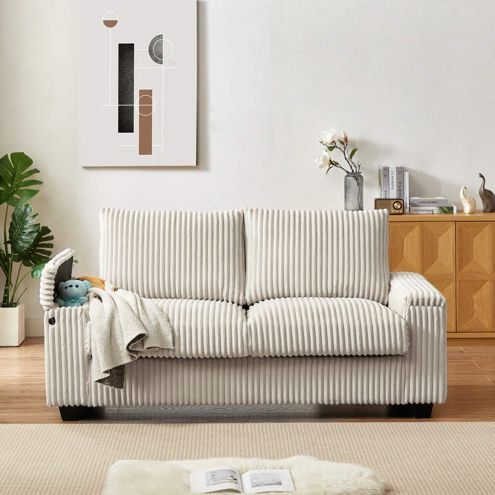 Fresno 71" Plush Corduroy Sofa with Storage Armrests and USB Port