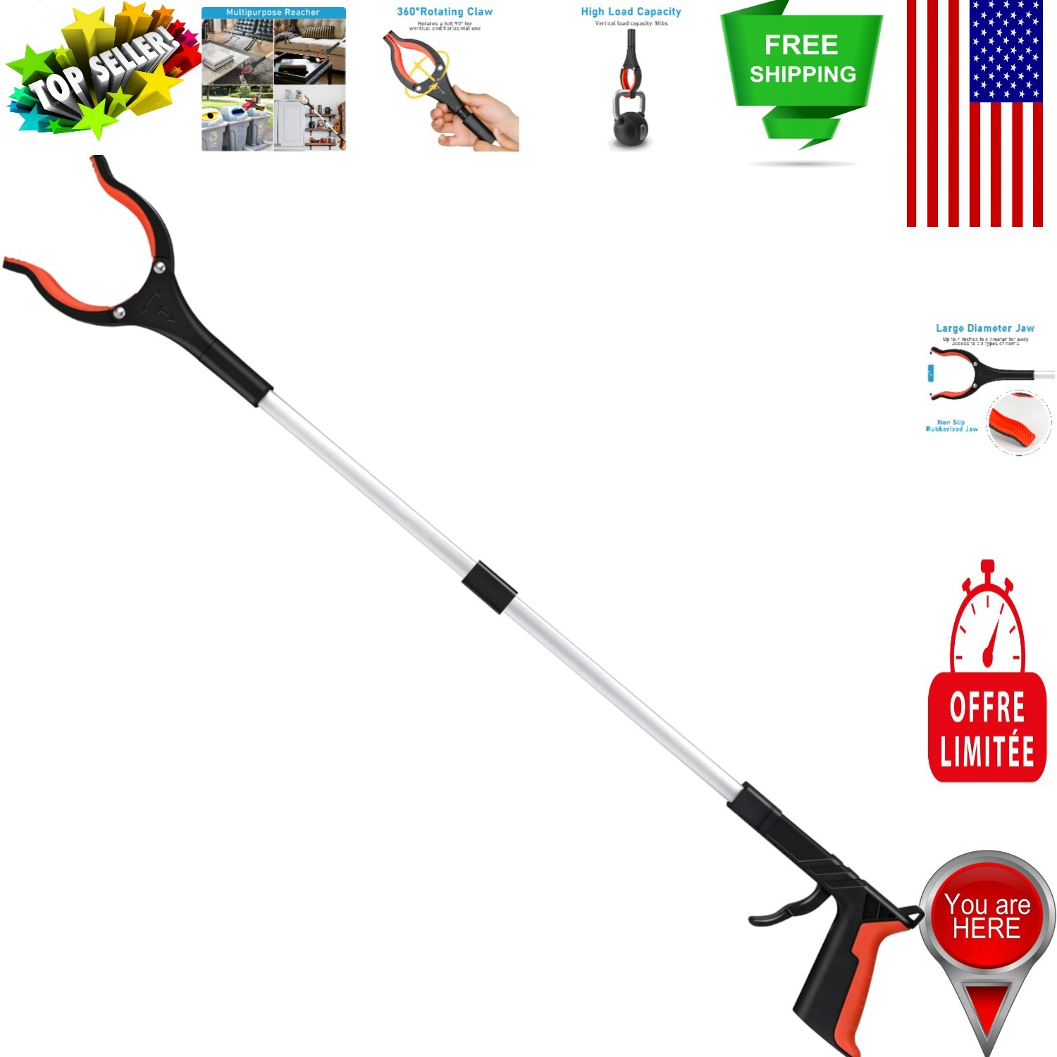 Extra Long 32-Inch Grabber Tool with Rotating Head for Effortless Mobility