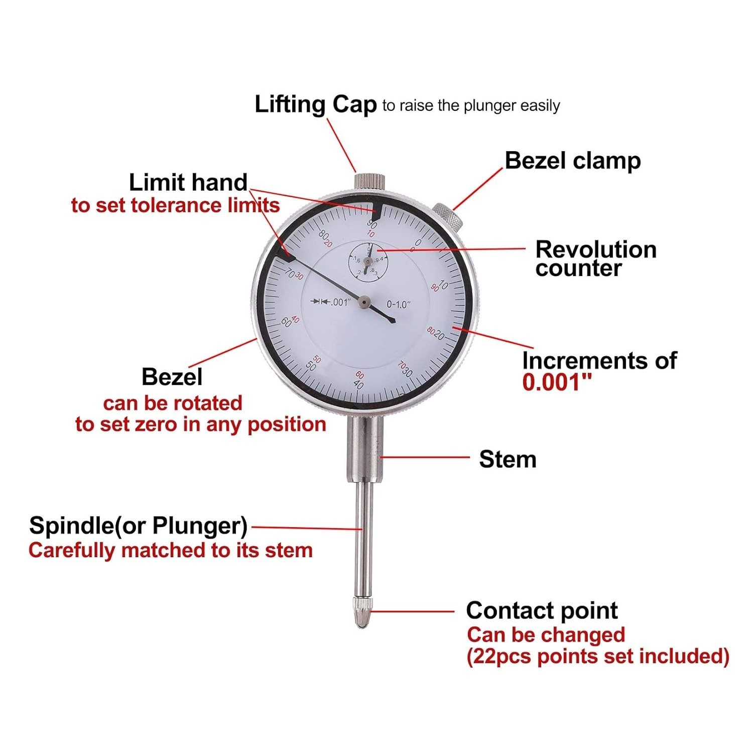 Dial Indicator with Magnetic Base Holder Fine Adjustable Long Arm 0-1" Magnet...