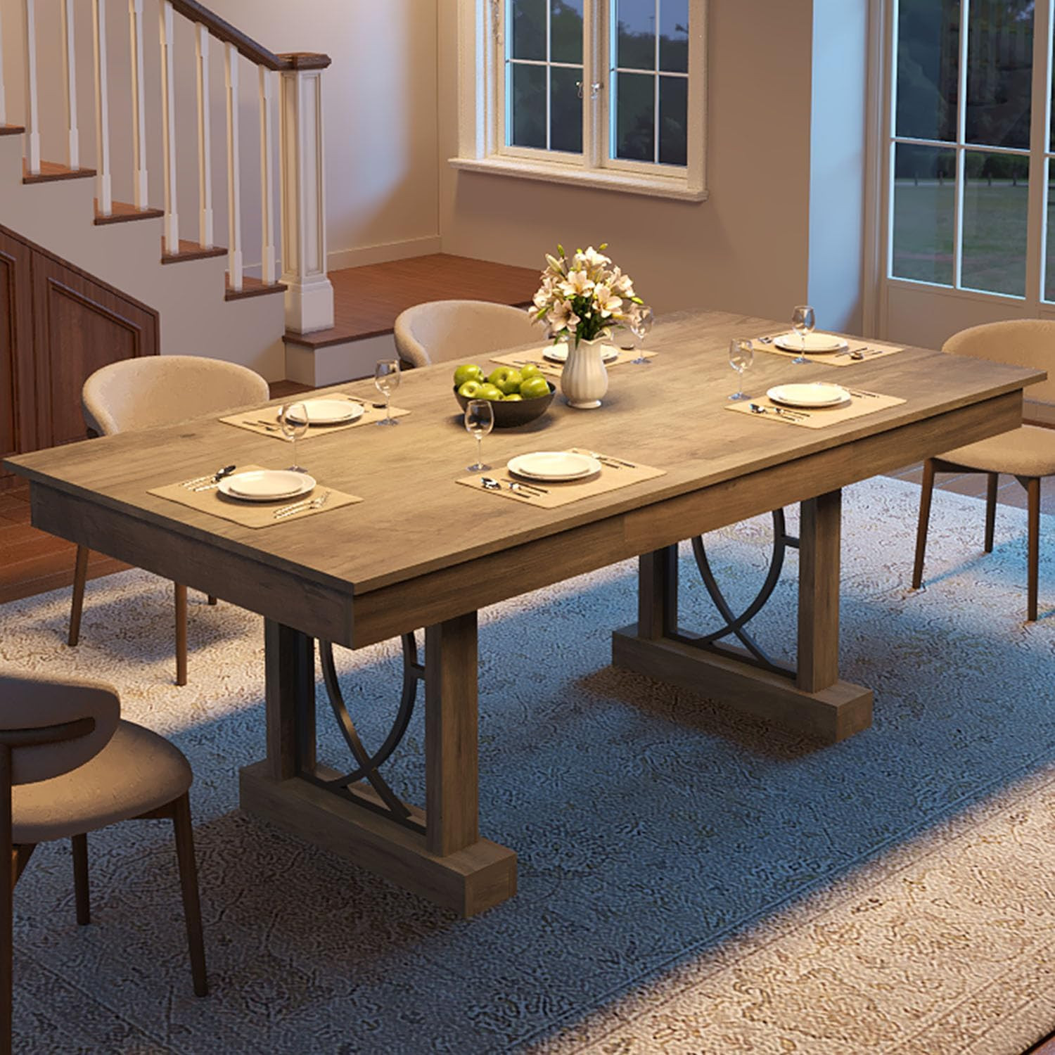 Rustic Gray Wooden Dining Table for 6-8 with 2 Large Drawers, 71" Long