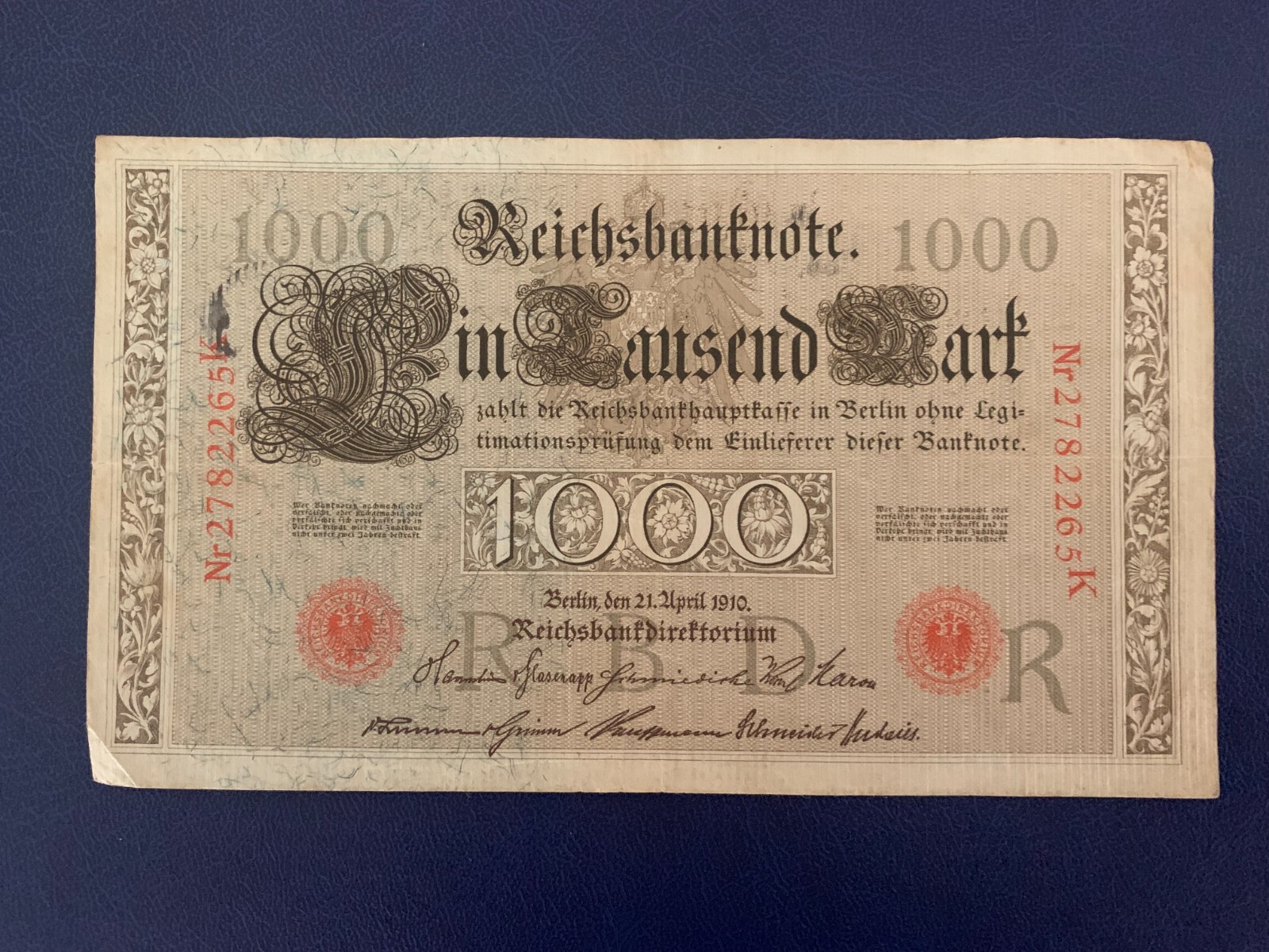 1910 GERMAN 1000 MARK BANKNOTE-RED SEAL-VERY GOOD