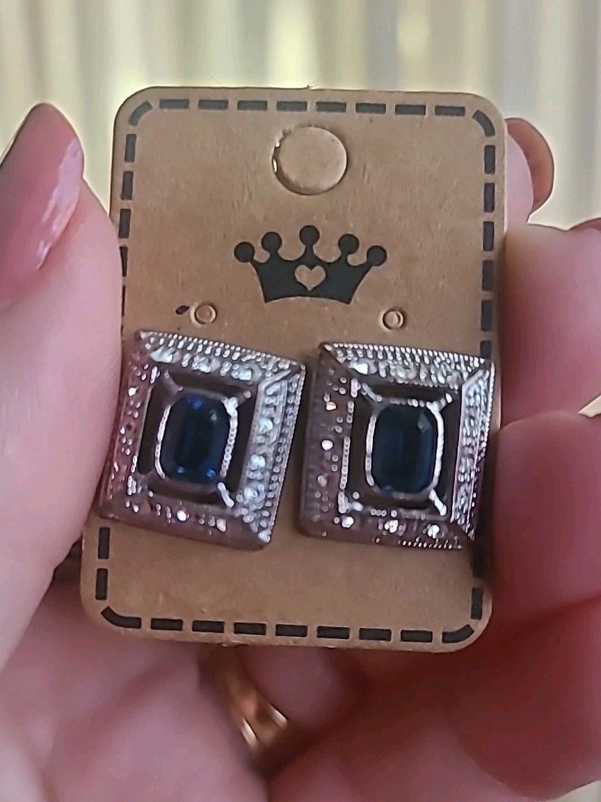 Vintage Estate Look Silvertone Bling Crystals Clear And Blue Stud Pierced...