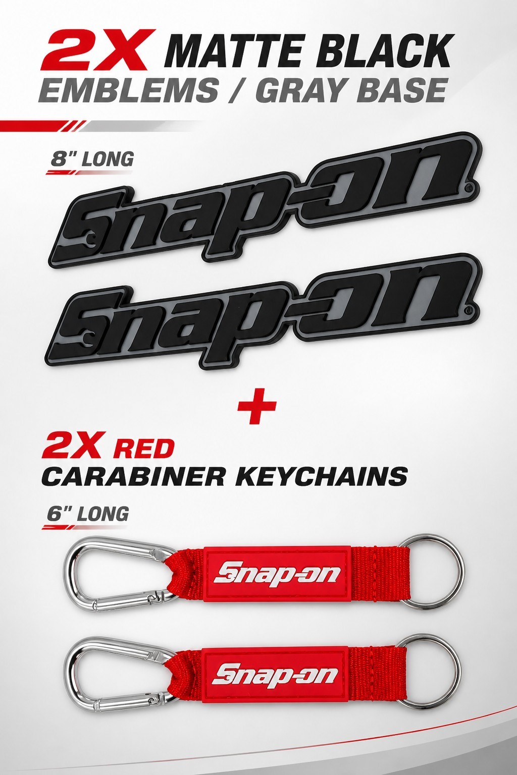 2PK SNAP ON TOOLS LOGO EMBLEM Matte Black Badge Decal+2 X Key tags Red Carabiner