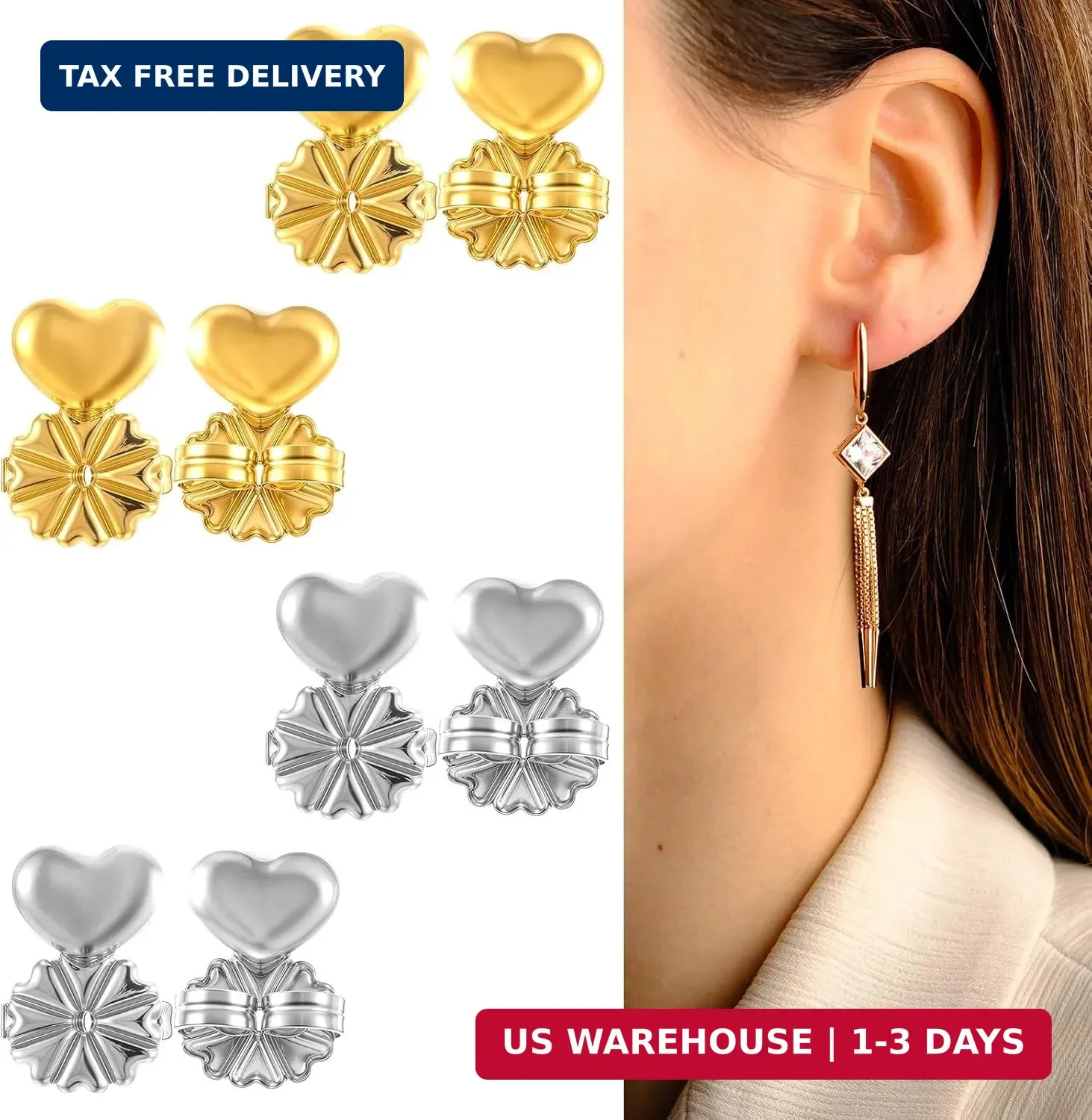 4 Pairs Earring Backs for Droopy Ears, Earring Lifter for Heavy Support Backs La
