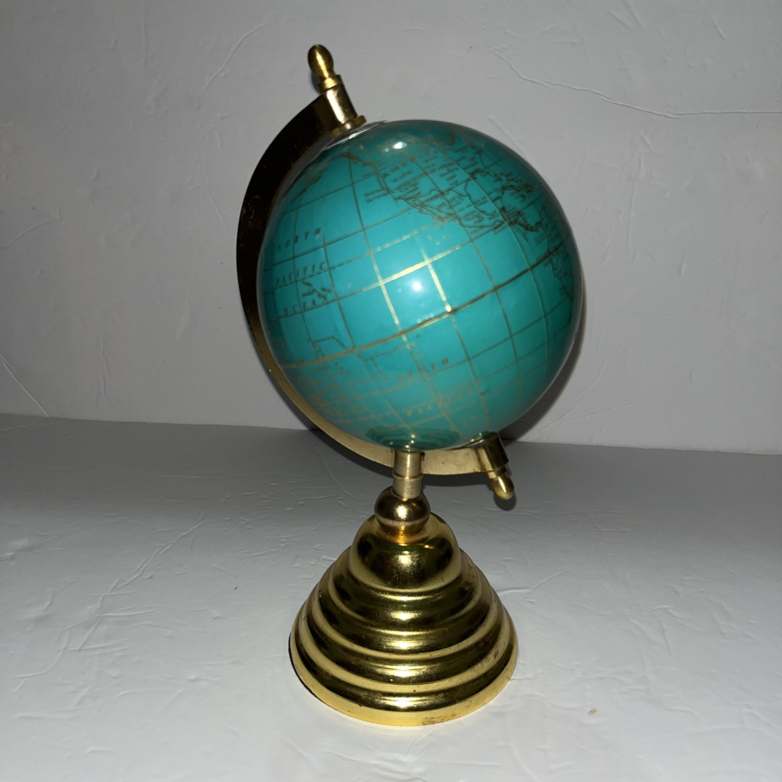 Rotating Table Top World Globe Turquoise Blue & Gold Nickel Gold Base Home Decor