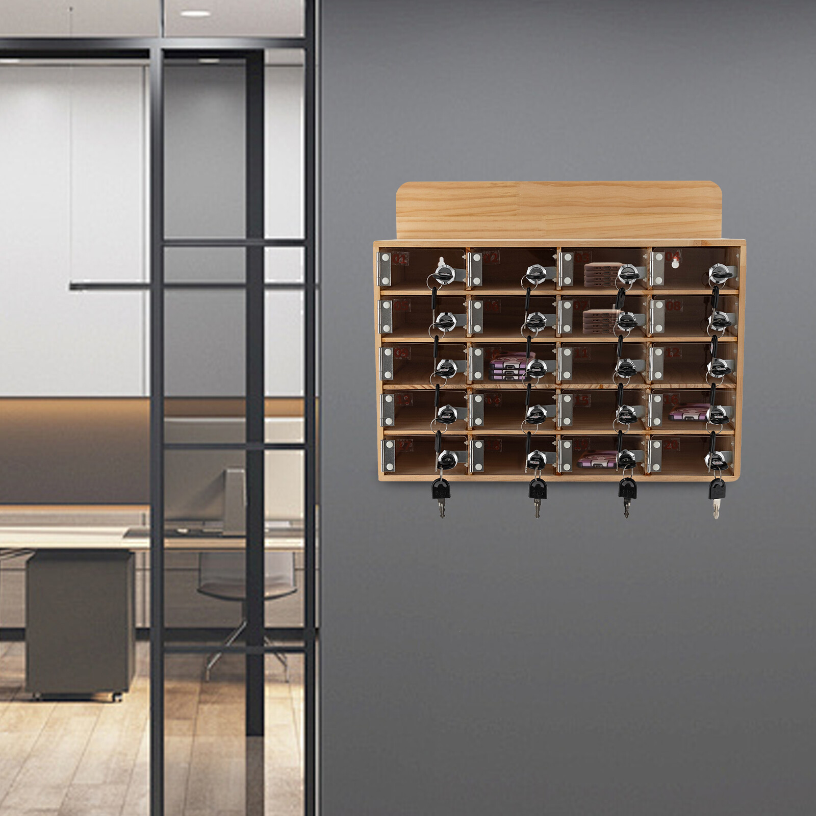 20 Slots Cell Phone Locker Box Wood Cell Phone Storage Cabinet With Keys/Locks