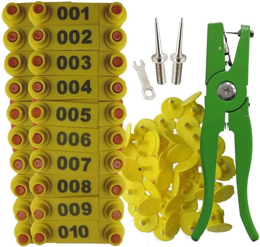 Plastic Livestock Ear Tags 001-100 with Tool Pliers for Sheep & Goats (Yellow)
