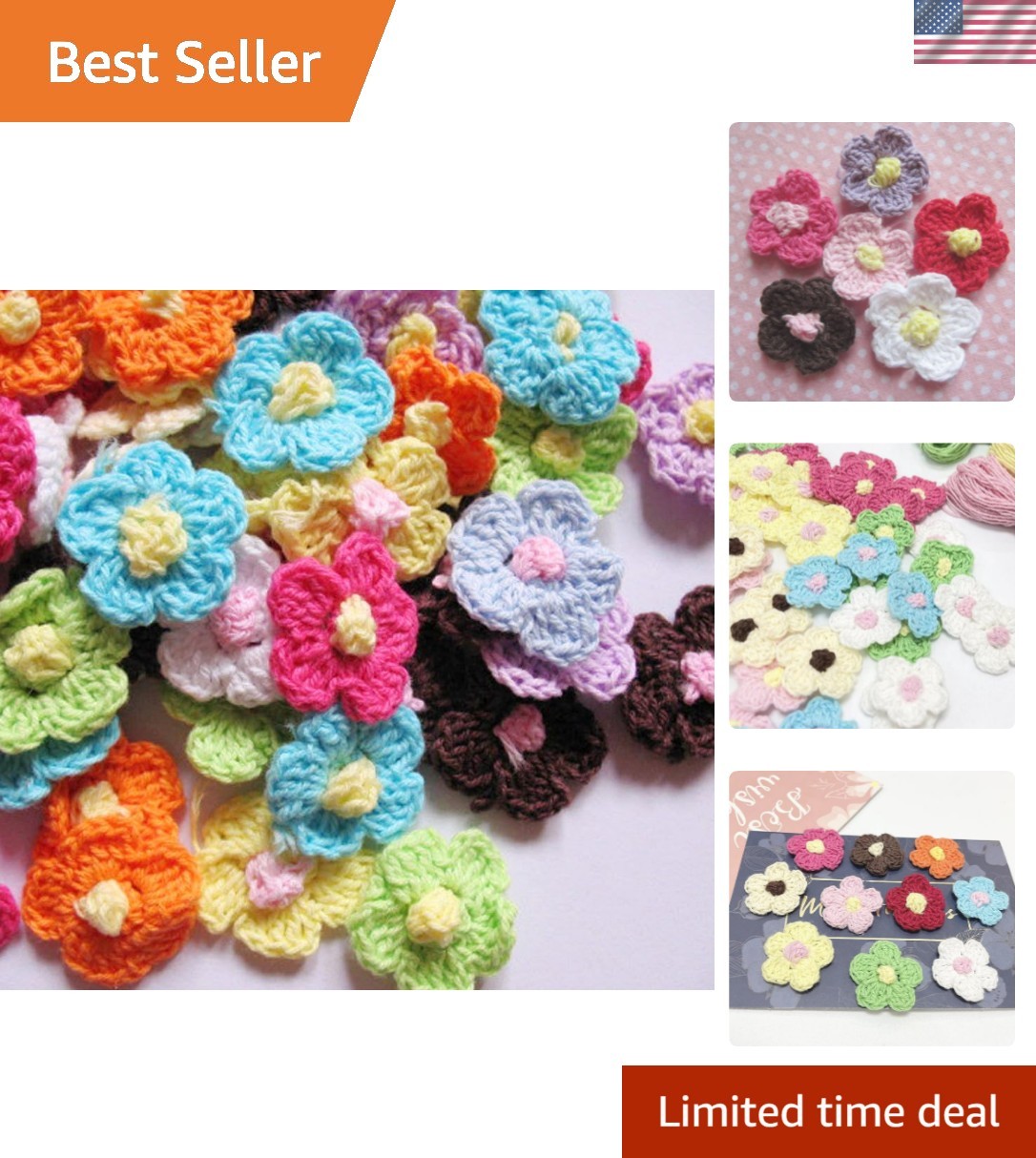 Pack of 100 Hand-Crocheted 1" Colorful Flowers - Perfect Craft Embellishments