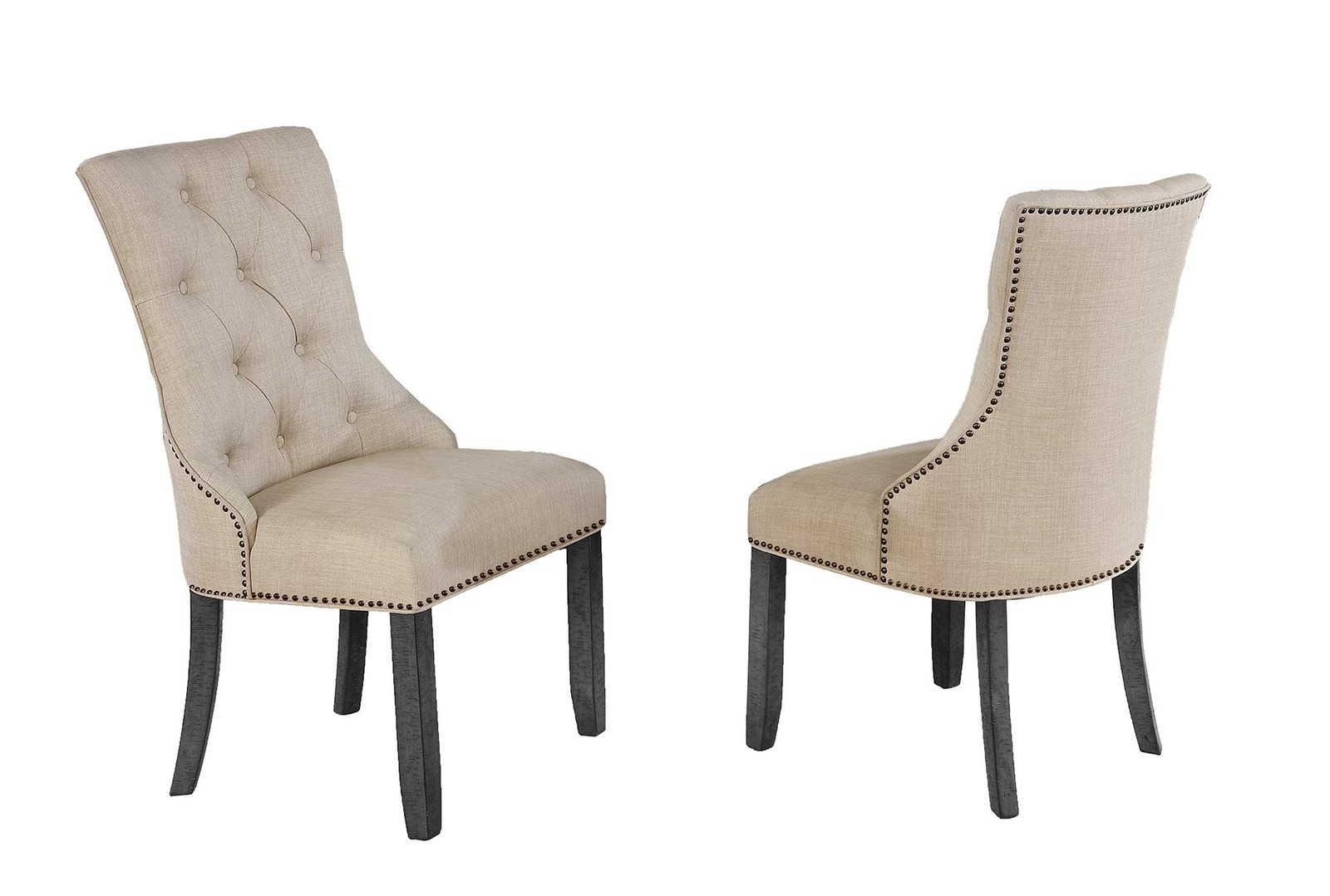 Dark Gray Wood Dining Chair Upholstered with Beige Linen Fabric (Single)