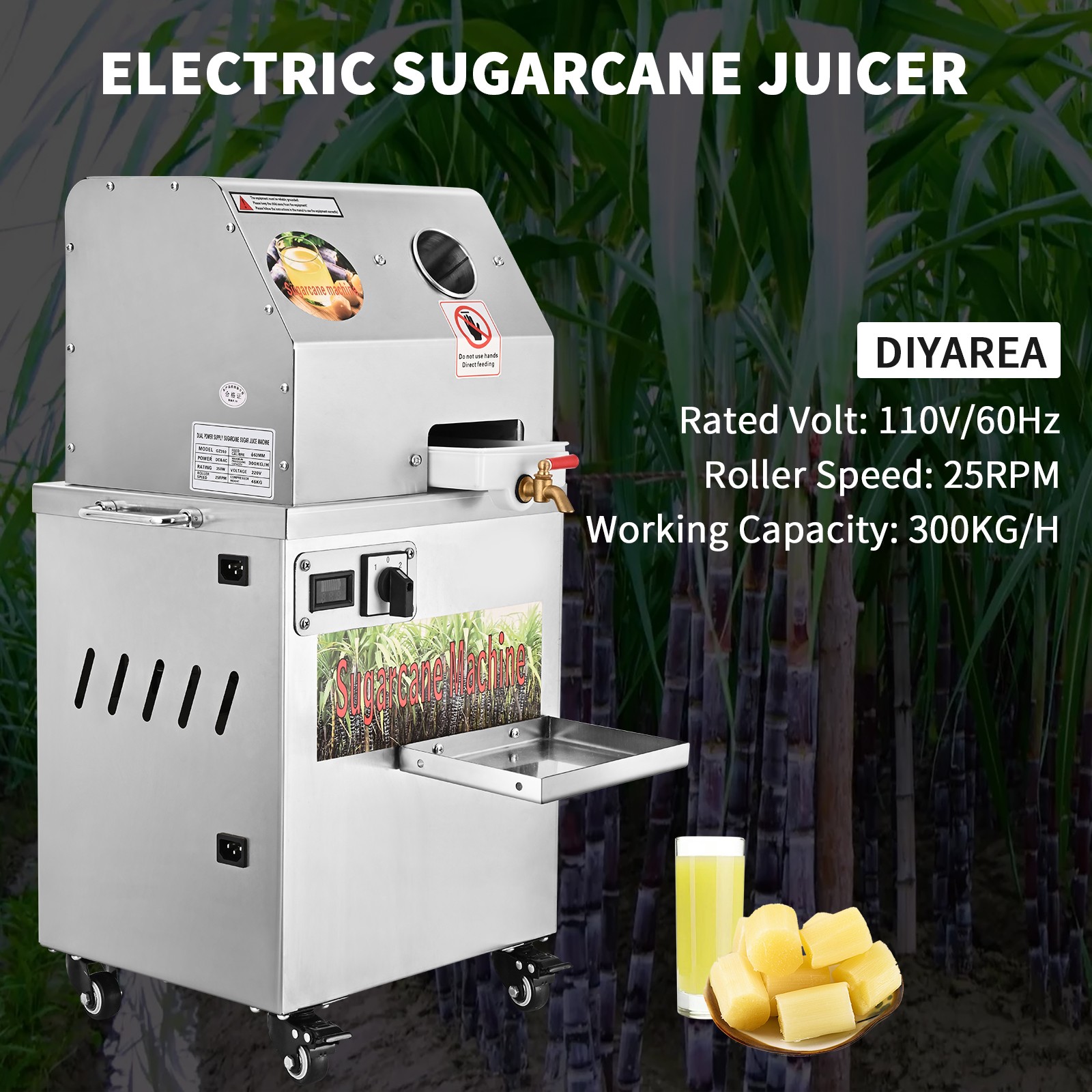 Electric Sugarcane Juicer 350W Stainless Steel Extractor & Squeezer 661lbs/h