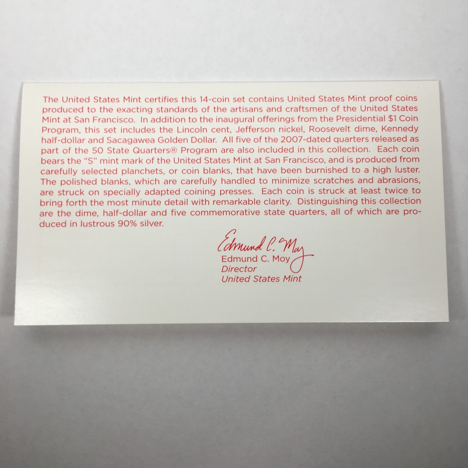 2007 Certificate of Authenticity - COA for Silver Proof Set - COA07SS