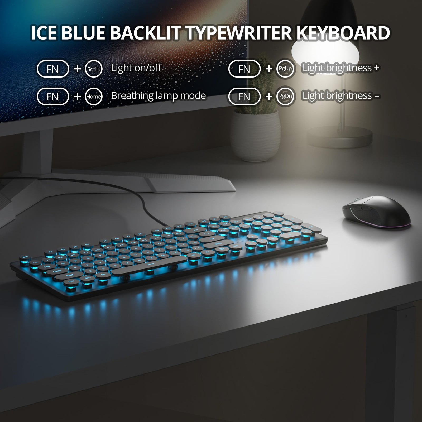 Wired Retro Typewriter Keyboard 104 Round Keys Blue LED Backlit Silent Black