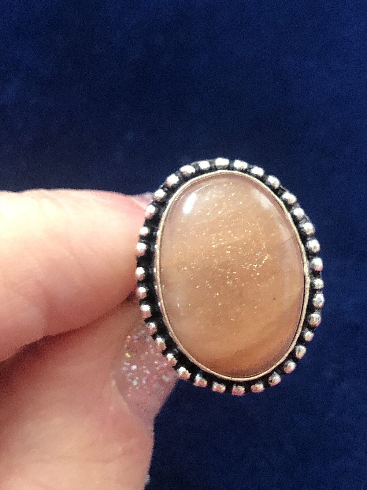Peachy Sunset Sunstone Oval Pinky Ring Size 5.5