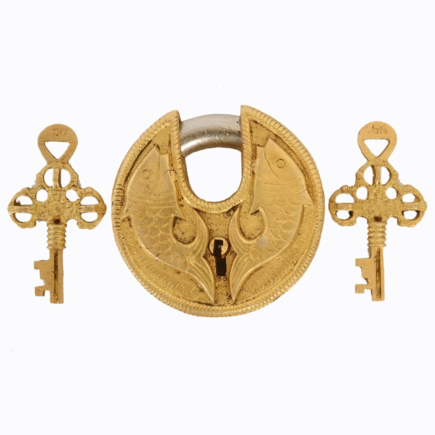Antique Handcrafted Brass Feng Shui Fish Design Round Padlock with Working Keys