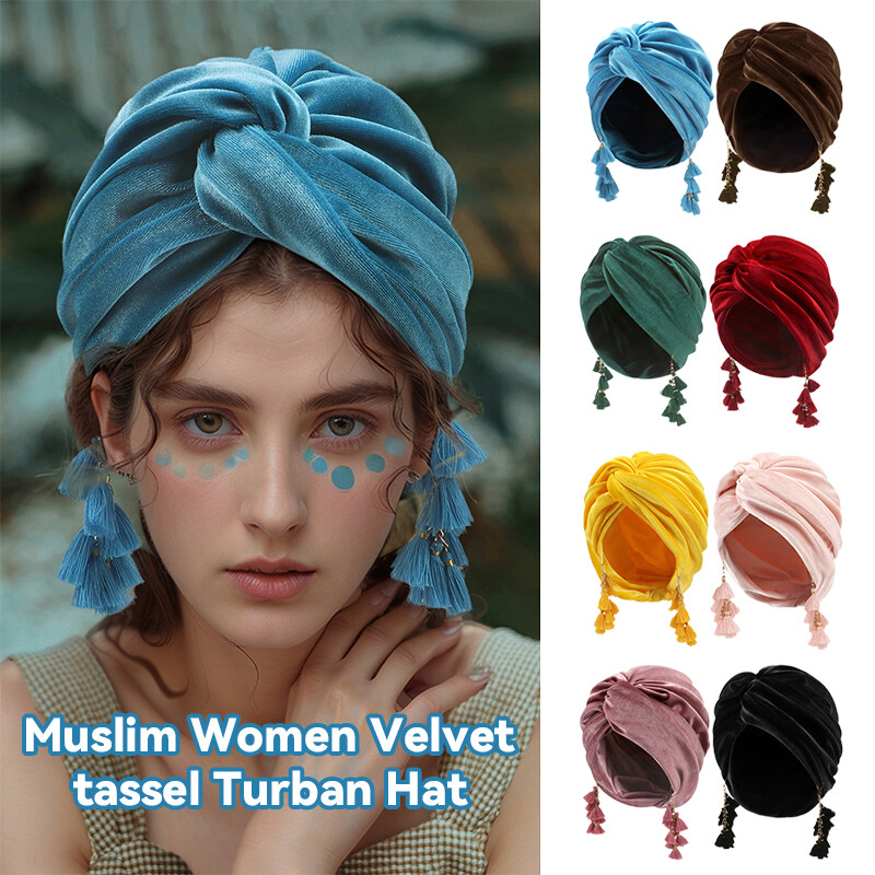 Muslim Women Velvet Tassels Turban Hat Soft Stretch Bohemian Cross Pullover Cap