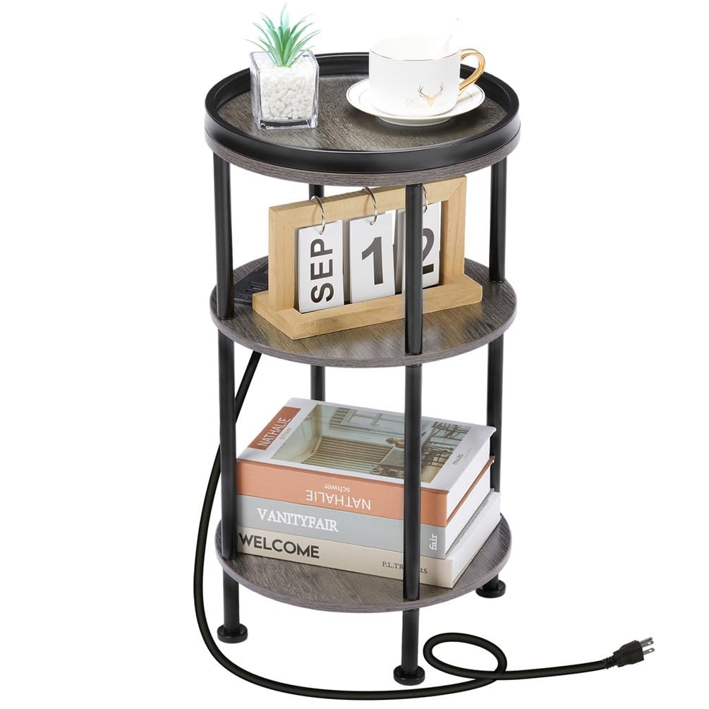 Small Round Side Table with Charging Station for Small Spaces, 3-Tier Accent ...