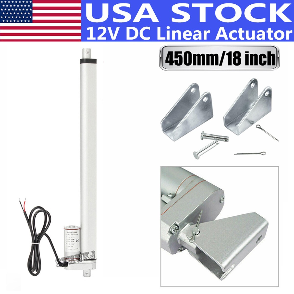 12 Volt 18" Linear Actuator 1000N 14mm/s DC Motor W/ Mount Brackets for Auto Car