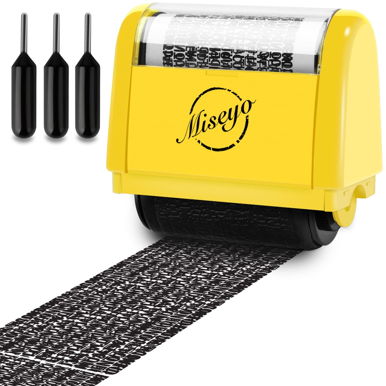 Miseyo Wide Identity Theft Protection Roller Stamp Set - Yellow (3 Refill Ink In