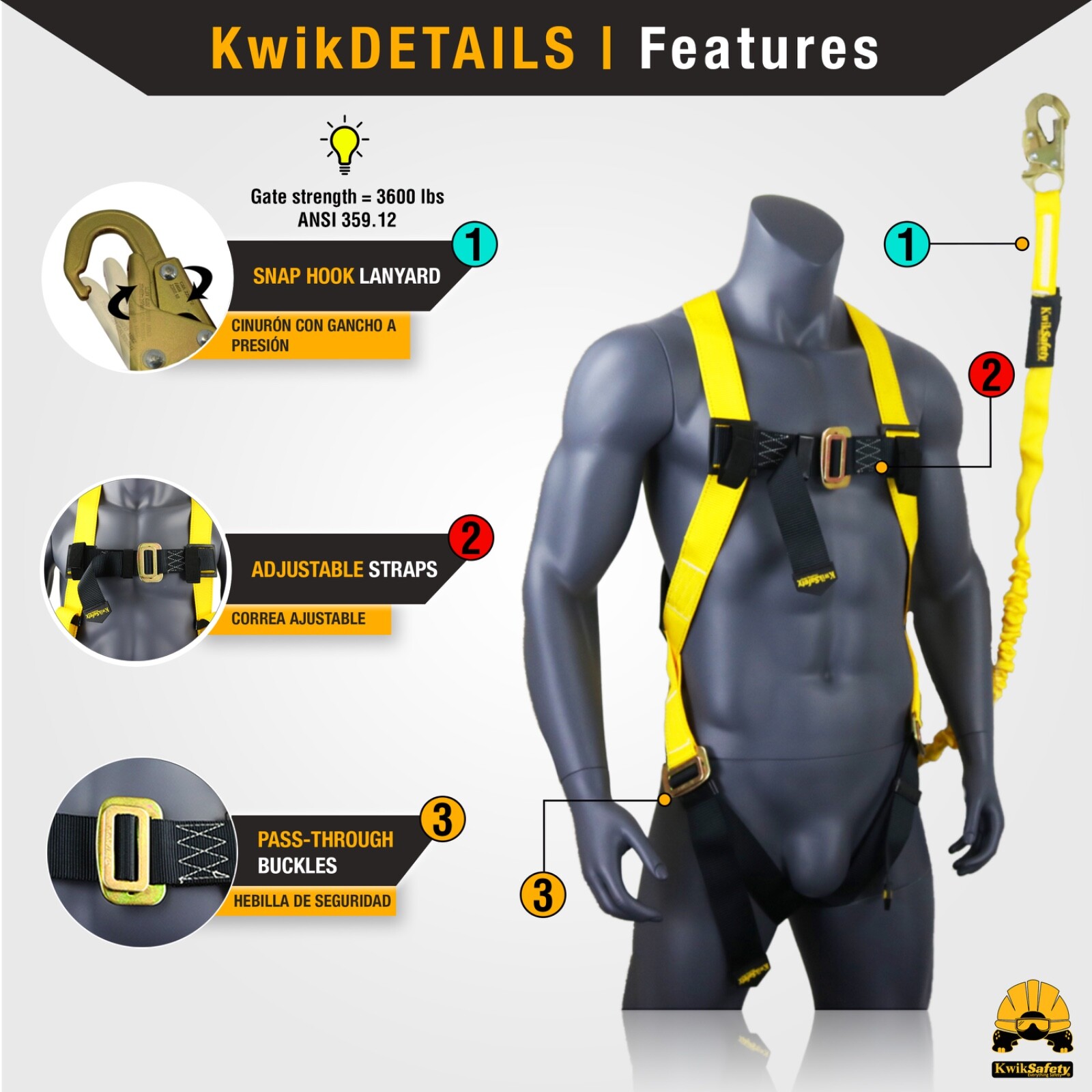 KwikSafety SCORPION ANSI Fall Protection Safety Harness w/ Attached 6ft Lanyard